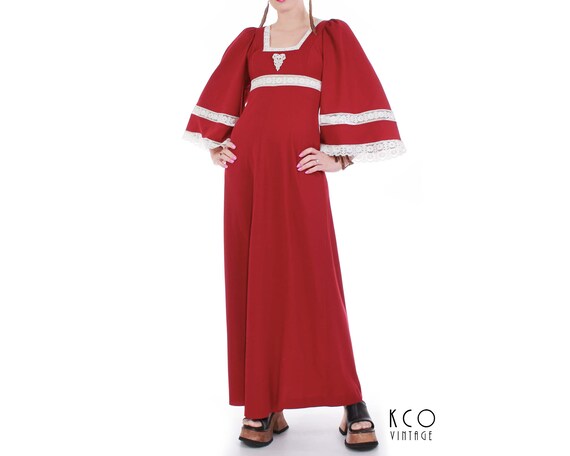 70s Vintage Red Boho Bell Sleeve Maxi Dress