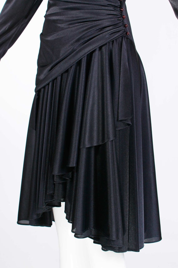 80s Abby Kent Glossy Black Draped Wrap Dress Blue… - image 5