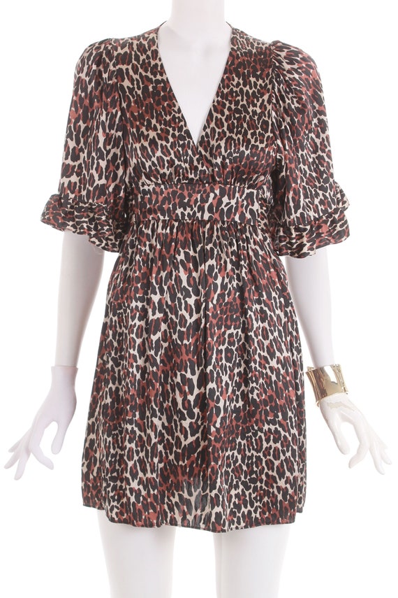 betsey johnson leopard dress 90s 90s Betsey Johnson Silk Leopard Print Bell Sleeve Baby Doll Dress