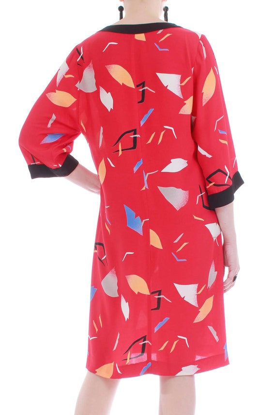 Vtg Silky Kimono Sleeve Tunic Dress Red Abstract … - image 5