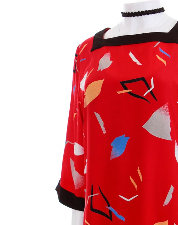 Vtg Silky Kimono Sleeve Tunic Dress Red Abstract … - image 6