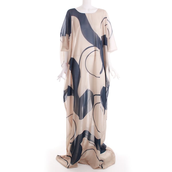 Abstract Sheer Caftan in Navy and Beige Cotton Voile 80s Vintage OSFA extra long length