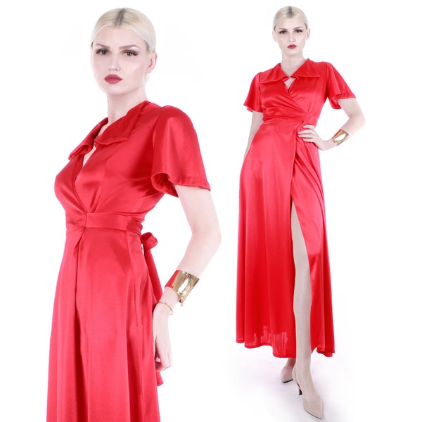 Vintage Disco 70s does 30s Slippery Red Nylon Wrap Maxi Dress Size XS / 4 / 36" bust / 24-26" waist