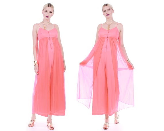 60s Coral Pink Sheer Double Layer Nylon Jumpsuit … - image 1
