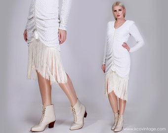 80s White FRINGE Textured Long Sleeve Stretchy Bodycon Dress Rhinestones Size Medium - Large 36" bust - 28" waist 34" hips unstretched