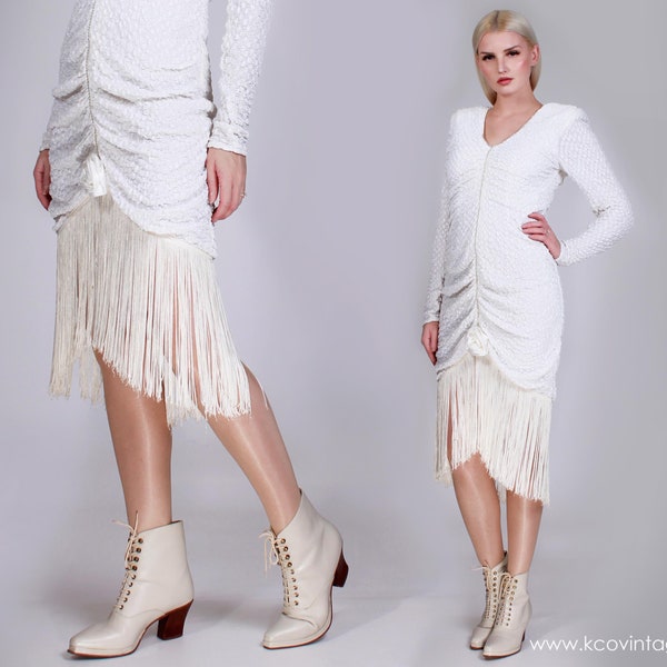 80s White FRINGE Textured Long Sleeve Stretchy Bodycon Dress Rhinestones Size Medium - Large 36" bust - 28" waist 34" hips unstretched