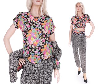 Vintage 80s PLATINUM by Dorothy Schoelen Mixed Print Floral 3 Piece Set 3pc Pantsuit Top Jacket Pants Women's Size Medium - 28-32" waist