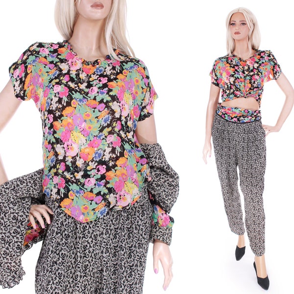 Vintage 80s PLATINUM by Dorothy Schoelen Mixed Print Floral 3 Piece Set 3pc Pantsuit Top Jacket Pants Women's Size Medium - 28-32" waist