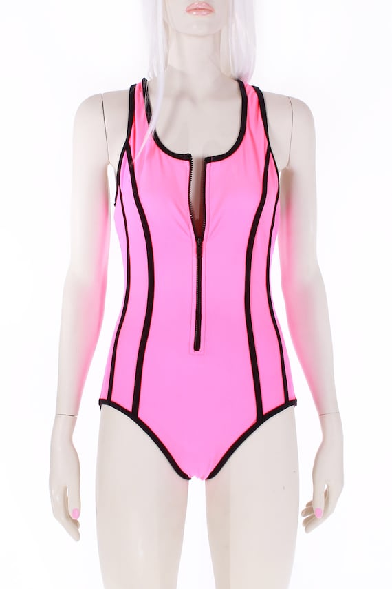 Vintage 90s NEON PINK Zippered One Piece Swimsuit… - image 2