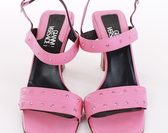 Y2K 90s Vintage GIANNI VERSACE Pink Leather High Heel Studded