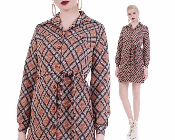 70s Plaid Double Knit Poly Belted Shirt Dress Wome