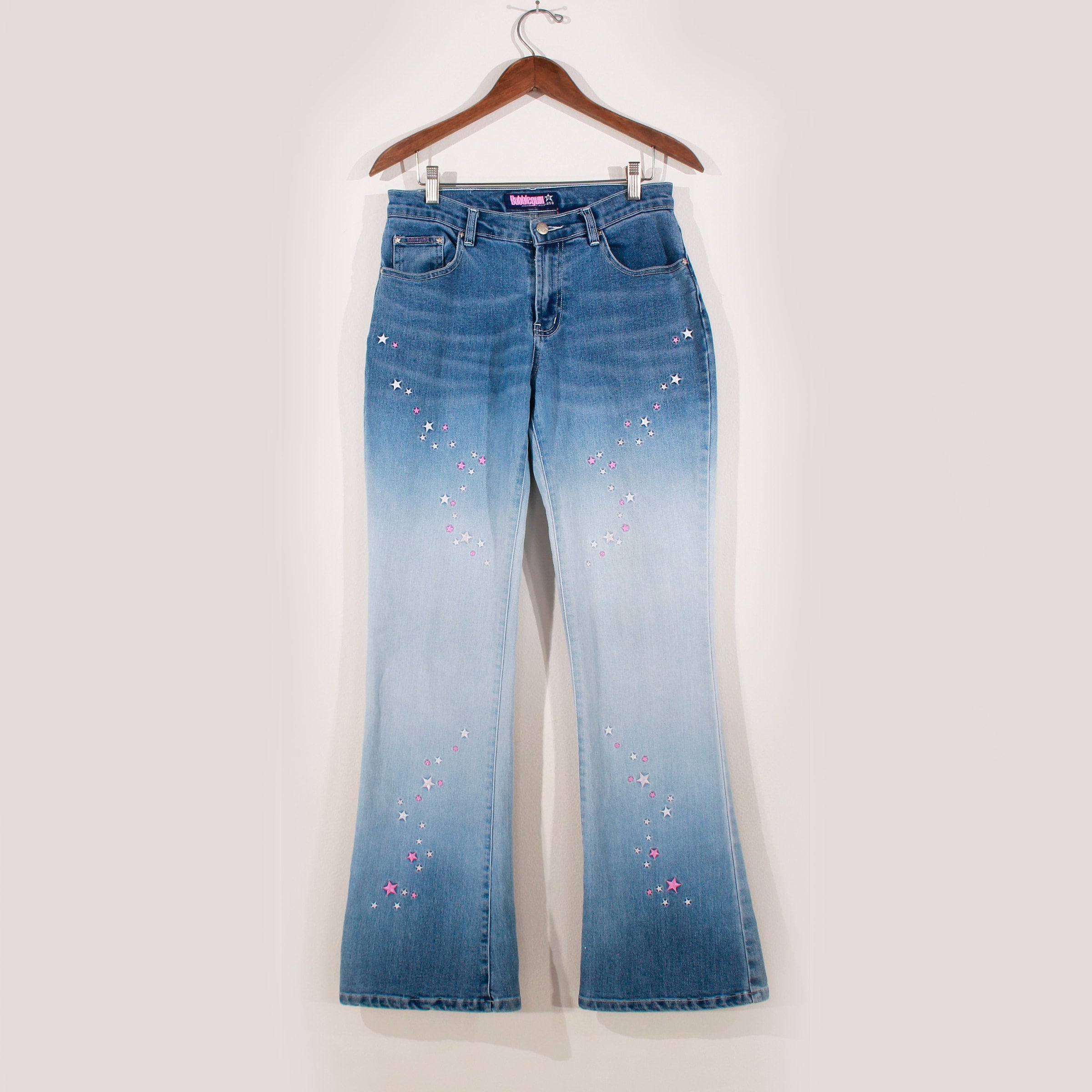 Y2K Bubblegum Mid Rise Flared Faded Star Embroidered Jeans Y2K Bubblegum Mid Rise Flared Faded Star Embroidered Jeans