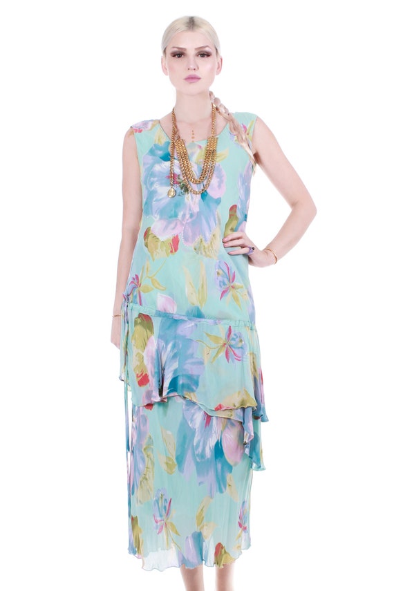 Vintage Watercolor Crepe Rayon Blue Pastel Floral Drop Waist Dress by Lola  P Size Large / XL / 10-12 - Etsy