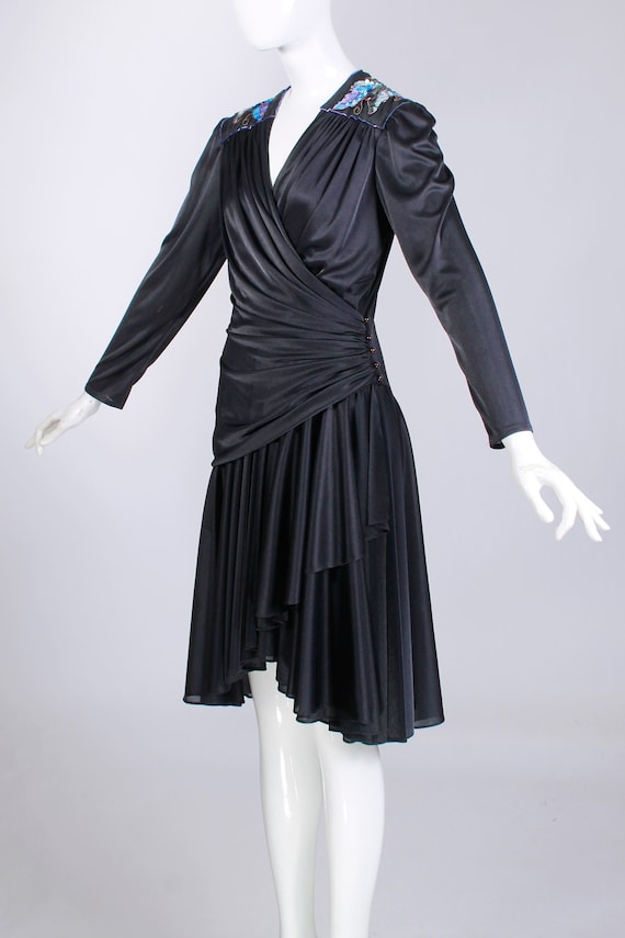 80s Abby Kent Glossy Black Draped Wrap Dress Blue… - image 1