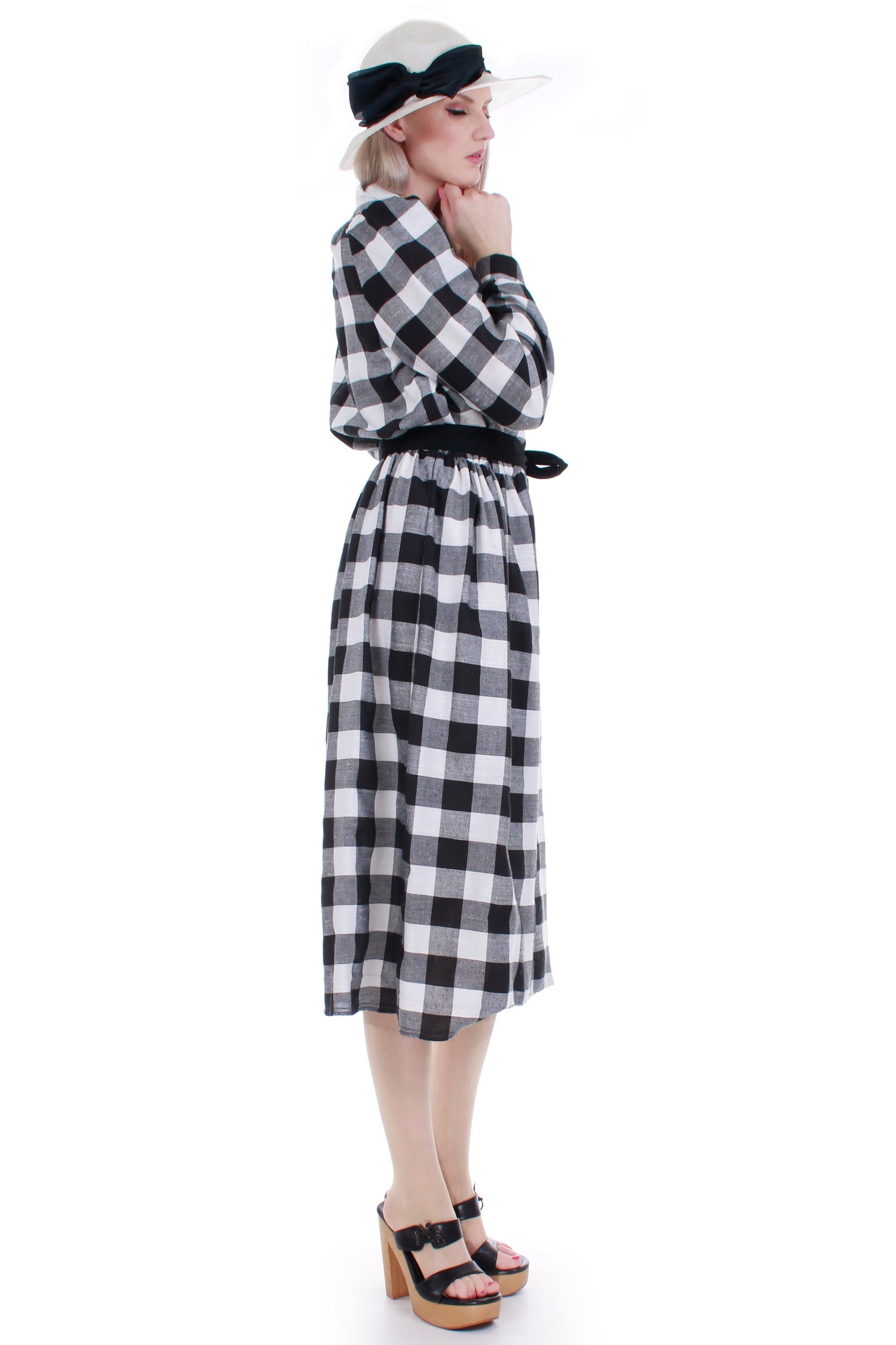Vintage 80s Black and White Buffalo Check Plaid Woven Dress