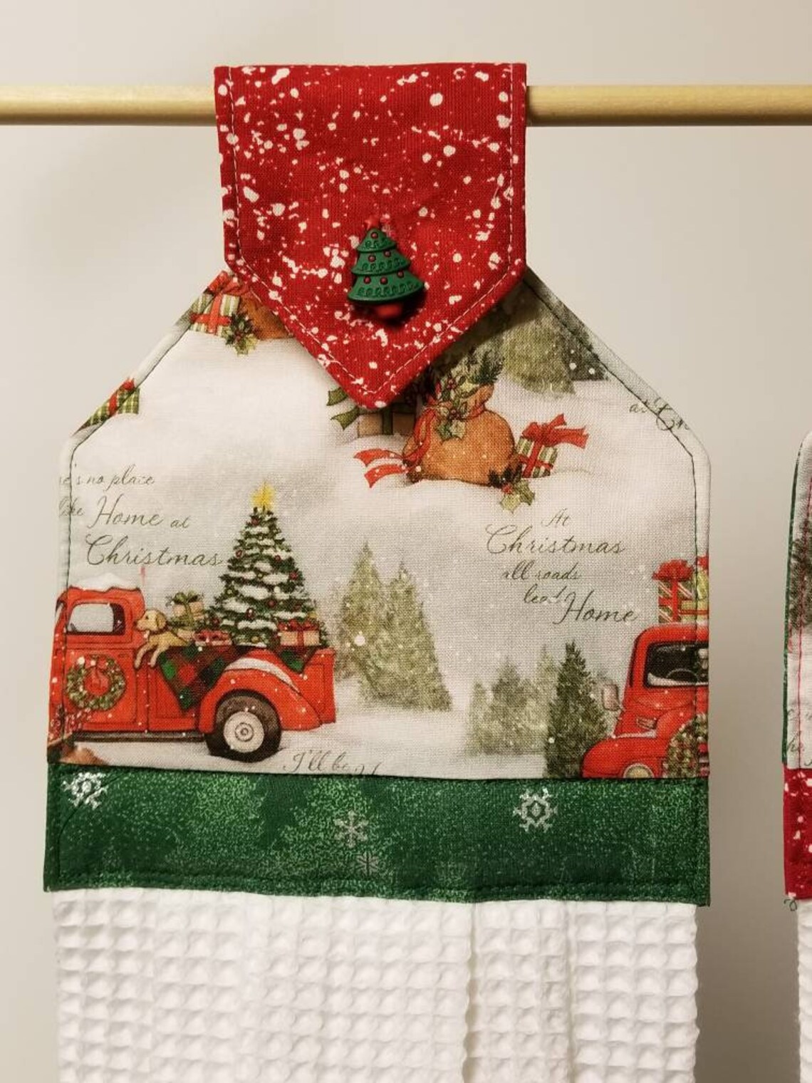 Red Truck Christmas Fabric Hanging Towel W White Woven Toweling. Christmas Tree Button Closure