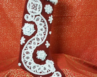 Lace and Pearl Red felt Christmas stocking.  Customize your own design.