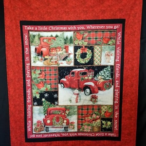 Red Truck collage quilt with the Red Truck Patriotic Picnic on the reverse.  Machine quilted simply for a beautiful look and a lower cost.