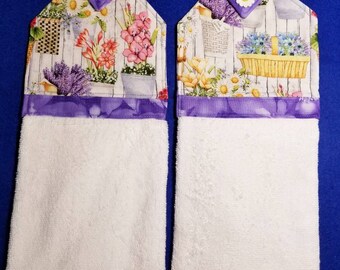 Lente bloemen hangende theedoek met witte wafel geweven handdoek Novelty knop met klittenband sluiting. Aanpassen voor uw eigen decor