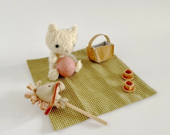 Cute teddy bear   Tiny plush whit picnic set  Miniature teddy bear  Bedding kit  Horse on wooden stick  Balloon  and small book