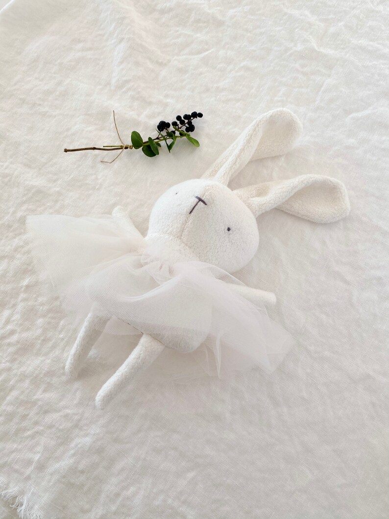 Ballerina whit tutu Bunny soft and silky plush White First baby toy handmade with love Minimalist Eco-friendly toy Newborn gift image 3