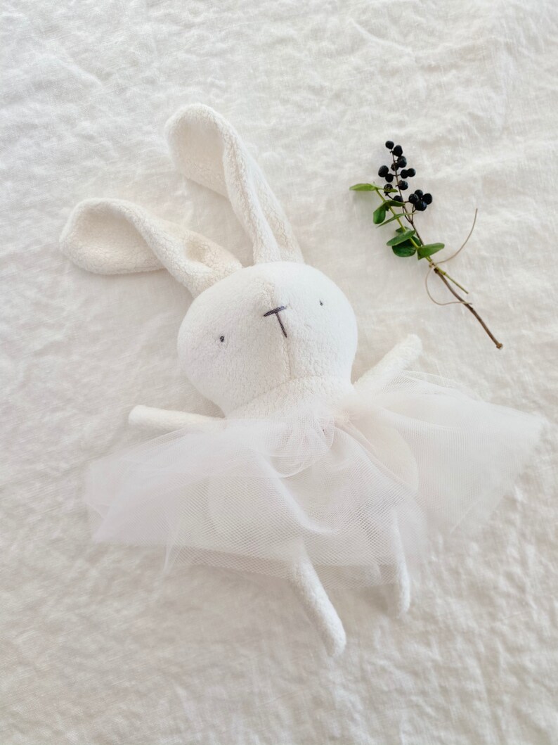 Ballerina whit tutu Bunny soft and silky plush White First baby toy handmade with love Minimalist Eco-friendly toy Newborn gift image 4