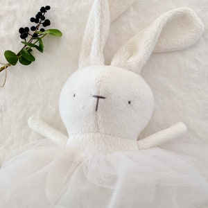 Ballerina whit tutu Bunny soft and silky plush White First baby toy handmade with love Minimalist Eco-friendly toy Newborn gift image 6