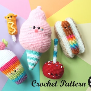 Crochet PATTERN Amigurumi Food Carnival Party Play food! Cotton Candy, Rainbow Milkshake and Candy Apple, Corn Dog and Rainbow Hot Dog