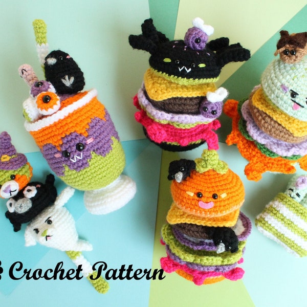 Crochet PATTERN Yummy Halloween Crochet Pattern Zombie Burger, Pumpkin Burger, Spider Burger, Halloween Dango and Bonus pattern!