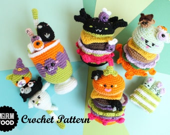 May include: A collection of colorful, crocheted Halloween-themed food items. The image features a milkshake, burgers, and other treats, all with spooky faces and details. The text "Amigurumi Food Crochet Pattern" is visible.