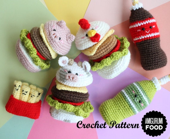 Crochet PATTERN Amigurumi food Crochet Pattern Play food/Fast Food Burgers, Chicken Burger, Pig Burger and Cow Burger/Soda Cola and Lime