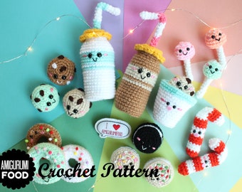 Crochet PATTERN Christmas Ornaments! Amigurumi Food Milk and Cookies/ Chocolate cookies, Mini donuts, Candy Cane,Milk (English-Spanish)