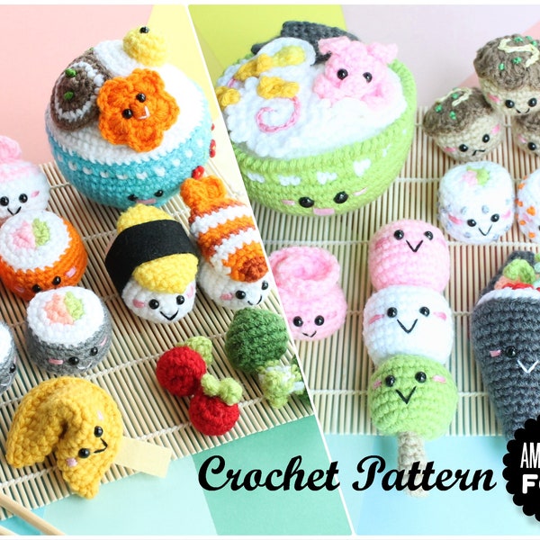 Crochet PATTERN Amigurumi Food PACK English/Spanish (Español) Sushi Family 1 & 2 Crochet Pattern/ Sushi Set/ Plus bonus pattern!