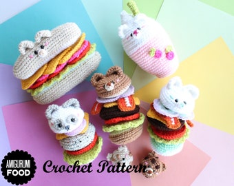 May include: A collection of handmade crochet food items, including a sandwich, a bubble tea, and several stacked burgers, each with a cute animal face. The items are in various colors, such as beige, pink, and brown. The text "Amigurumi Food Crochet Pattern" is also visible.