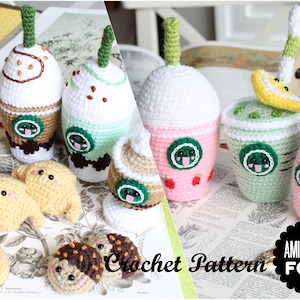 Crochet PATTERN Bundle Starcutes Buddies 1 and 2, Coffee and pastries, Mocha, Frappuccino, Ice Tea, Coffee, Croissants, cookies!