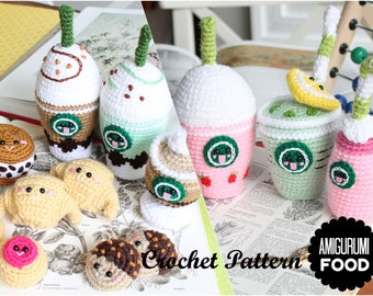 May include: A collection of crocheted amigurumi food items including various colorful drinks with straws, small pastries, and cookies with embroidered faces. The text Crochet Pattern AMIGURUMI FOOD is displayed in the bottom right corner of the image.