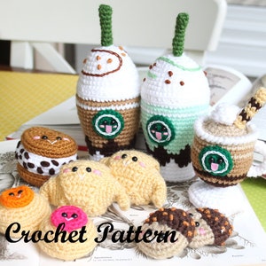 Crochet PATTERN Starcutes Buddies 2, Coffee crochet food, Mocha, Frapuccino, croissant, Fruit cookies, sandwich cookies and more!