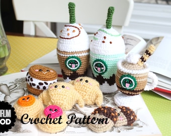 Crochet PATTERN Starcutes Buddies 2, Coffee crochet food, Mocha, Frapuccino, croissant, Fruit cookies, sandwich cookies and more!