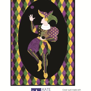 May include: A quilt pattern featuring a jester juggling a ball. The jester is dressed in a purple, green, and gold costume with a jester's hat. The background is a black and white diamond pattern. The quilt is titled "The Jester" and is 22 inches by 32 inches.
