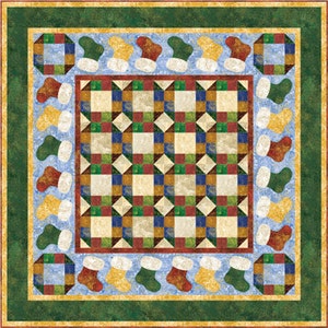 May include: A patchwork quilt with a green border and a central square design featuring a checkerboard pattern. The border is decorated with a repeating pattern of red and white stocking ornaments.