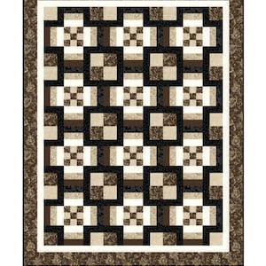 May include: A quilt pattern called "Square Dance" with a brown, black, and white color scheme. The quilt is 49 1/2 inches by 63 inches.