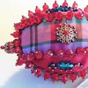 Bright Plaid And Red 4 Inch Foam Egg Form Original Handmade Hand Beaded Shatterproof Christmas Ornament Gift