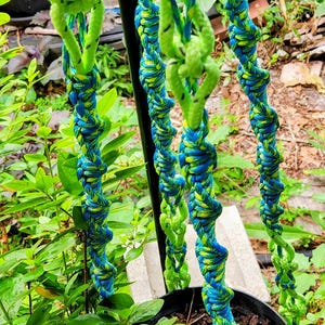 May include: A macrame plant hanger crafted from vibrant neon green and deep blue braided cord. The design features a series of intricate, spiralling knots that extend downwards to support a circular black planter filled with dark potting soil.