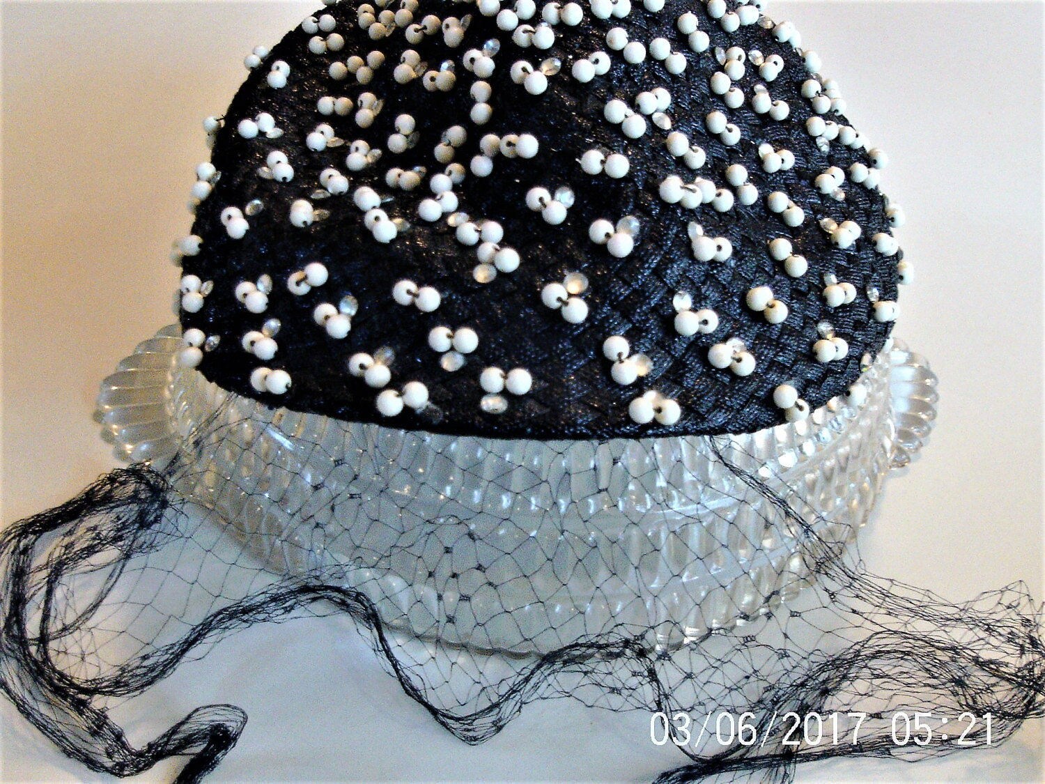 Vintage Beaded Straw Pillbox Hat, Rhinestone Veil, 1940s-50s  display picture 1