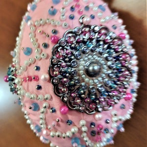 Hand Made Ornament Original Shatterproof Egg Made of Irreplaceable, Vintage Ribbon, Pins And Hundreds of Beads Gold With Green Panel 4 Inch