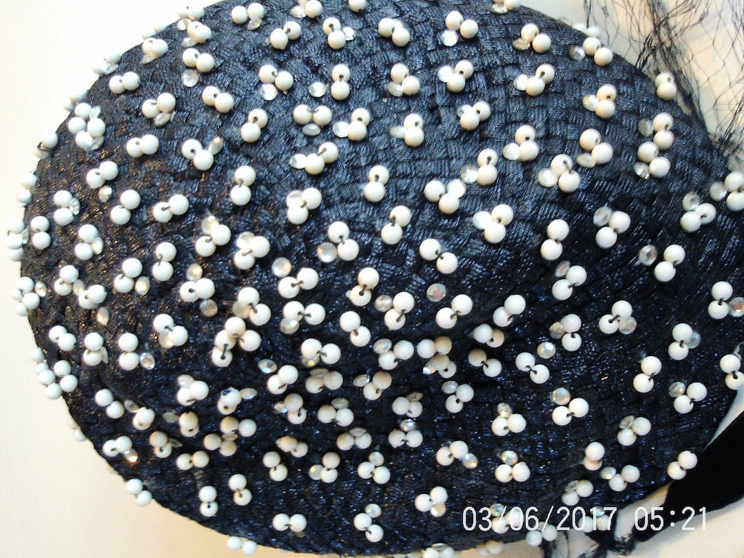 Vintage Beaded Straw Pillbox Hat, Rhinestone Veil, 1940s-50s  display picture 2