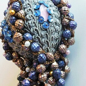 Handmade, Hand Beaded Hand Wrapped Egg  Shatterproof Small Textured Gray Original Christmas Ornament Gift