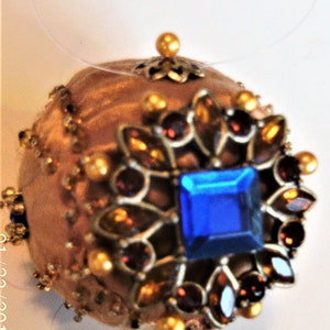 Handmade Hand Beaded Original Shatterproof Small Round Gold and Blue Ornament Gift