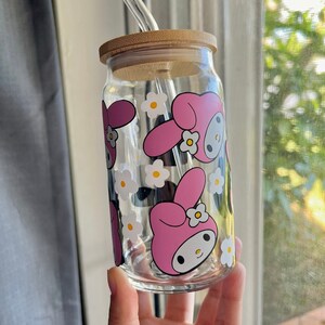 Cute Handmade My Melody Bunny Glass Cup with Bamboo Lid and Glass Straw, Kawaii Birthday Gift