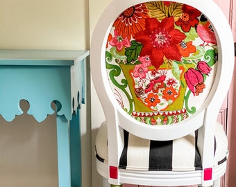 Custom French Louis Chair | Black Stripe Seat, Floral Back